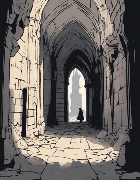 Coloring book image of desolate gothic corridor with crumbling walls, eerie shadows, intricate arches, and cobwebs in color