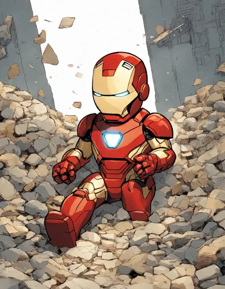 Coloring book image of iron man stands on a rocky surface in his iconic red and gold suit, symbolizing his unyielding determination in color
