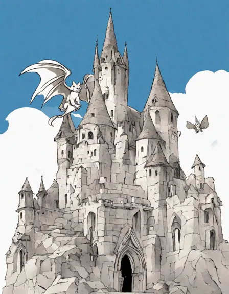 captivating coloring page featuring gothic gargoyles standing atop castle towers, their intricate wings and weathered stone texture inviting creativity and delving into architectural wonders in color
