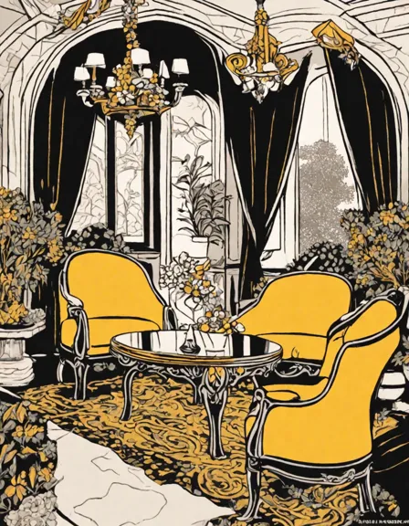 intricate art nouveau coloring page with luxurious furniture designs, sweeping curves, organic motifs, and vibrant colors in color