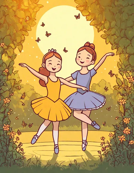 coloring book page of ballet dancers performing outdoors at twilight with fireflies and a sunset in color
