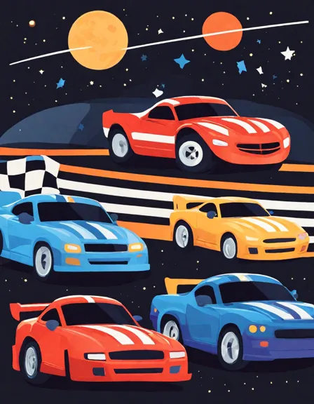 Coloring book image of race cars and trucks lined up at night, engines roaring, under a starry sky, ready for a thrilling race in color