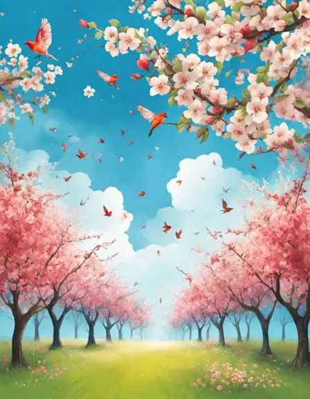 enchanting spring orchard coloring page with pink and white apple blossoms against a blue sky in color
