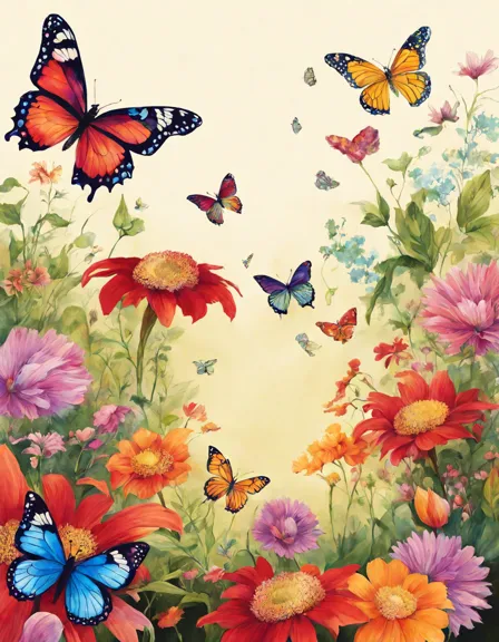 coloring page of an enchanted flower garden with vibrant flowers and delicate butterflies in color
