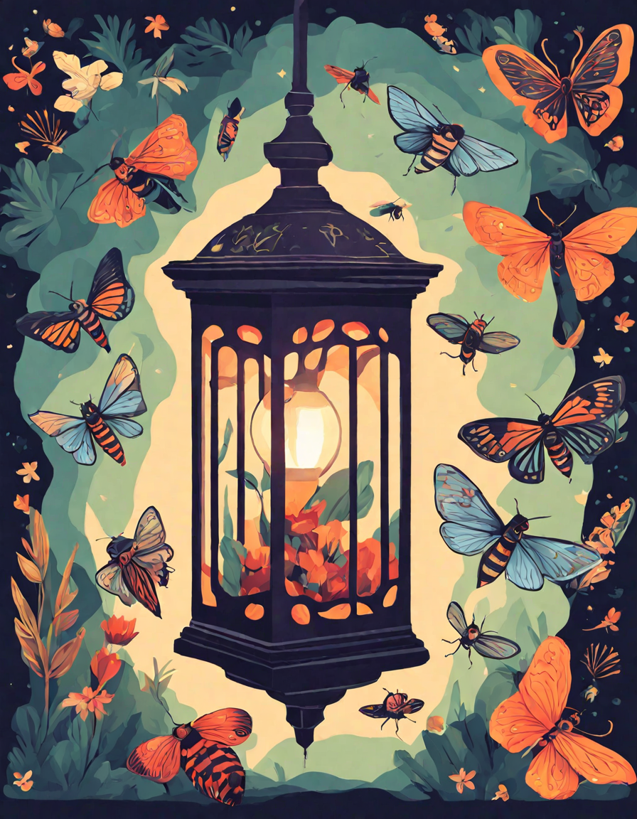 coloring book page with moths dancing around a glowing porch light, awaiting color in color