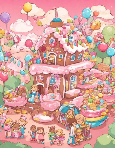 coloring page of candy land: the sweetest birthday with cotton candy clouds and a gingerbread house in color