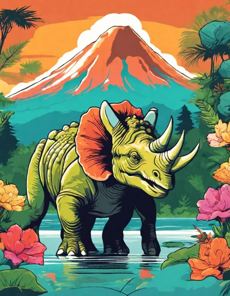 Coloring book image of triceratops grazing by a lake with a smoking volcano and playful dinosaurs in the background in color
