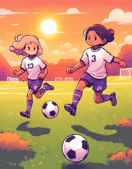 coloring page of soccer match under sunset with players and vibrant sky in color