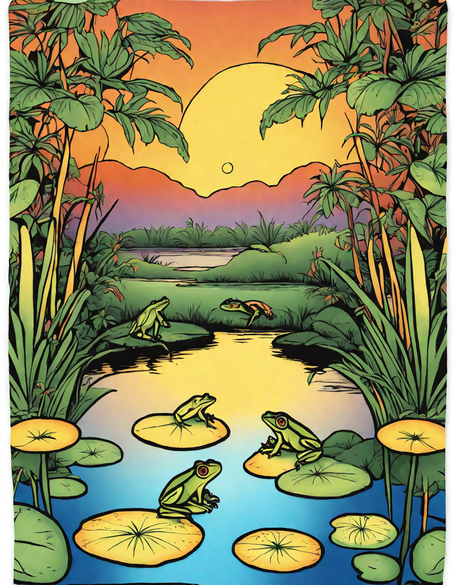 coloring page of fireflies at dusk in a jungle with animals around a reflective river in color