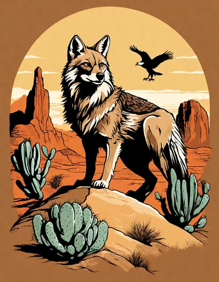 enchanted desert coloring page with hidden animals: coyote, lizard, and soaring bald in color