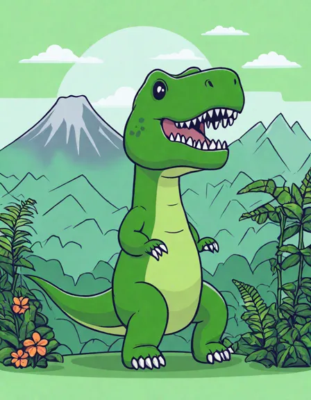 Coloring book image of t-rex roaring in the lush lost valley with a volcano in the background in 'dinosaur adventures in color