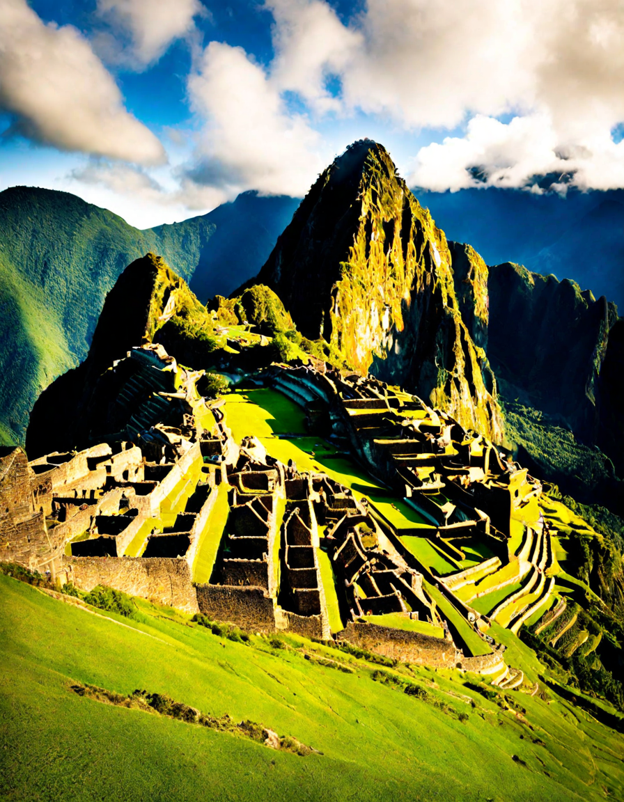 coloring page of machu picchu with ancient incan ruins on a green plateau in the andes mountains of peru in color