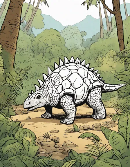 coloring page of ankylosaurus in a jurassic forest with detailed armor and plants, perfect for all ages in color