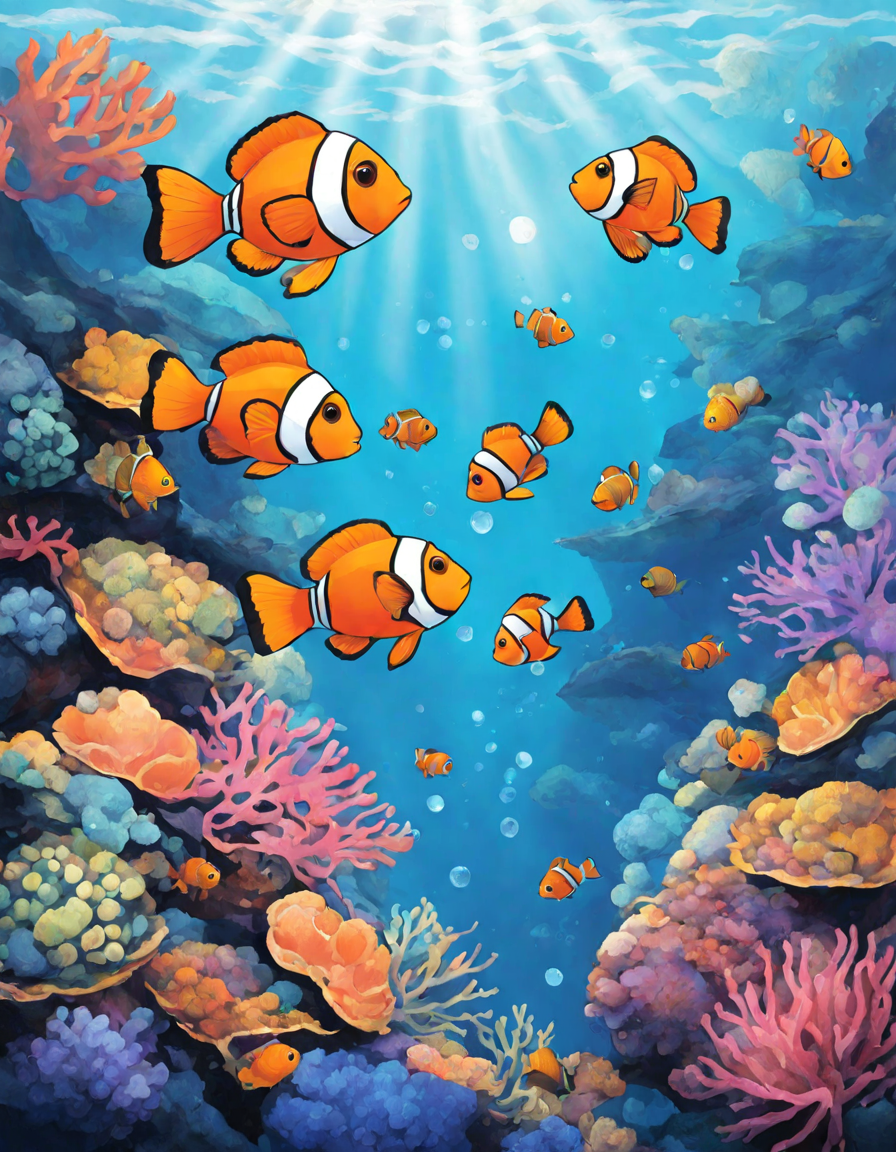 underwater coloring book page with tropical fish, coral gardens, clownfish, and sea turtles in crystal waters in color