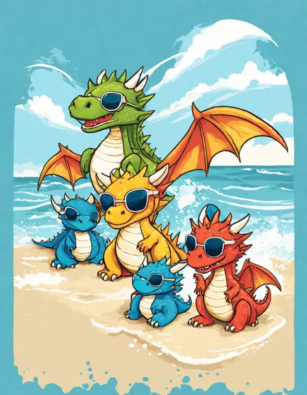 Coloring book image of colorful dragon beach vacation illustration with dragons enjoying the sun, sandcastles, and tropical drinks in color