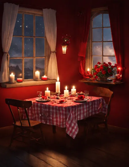 coloring book image of a valentine's day dinner setting with candlelight, rose petals, and champagne glasses in color