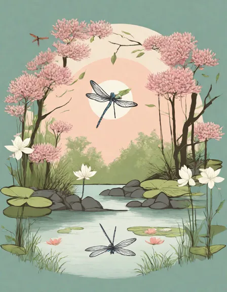 tranquil coloring book pond scene with dragonfly, willows, lotuses, and reflections for mindfulness and relaxation in color