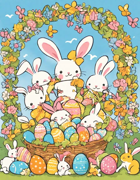 colorful easter coloring book scene with a decorated egg, easter bells, children with baskets, and spring flowers in color