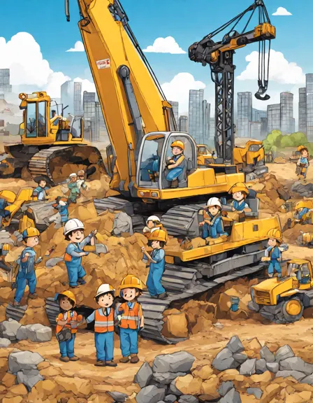Coloring book image of bustling construction site with crane, workers in hard hats, excavator, and bulldozer laying foundation in color