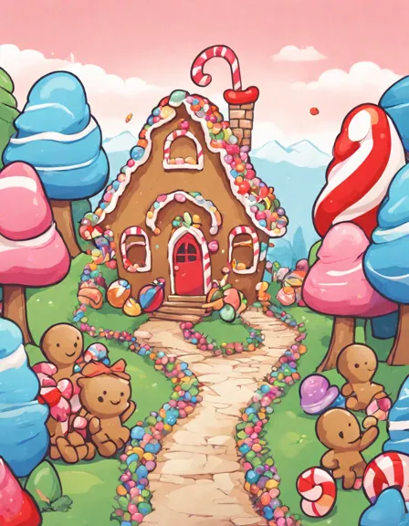 coloring page of candy land with candy cane trees, gumdrop bushes, and gingerbread people in color