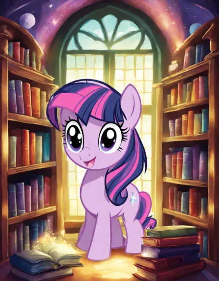 Coloring book image of enchanted library in equestria, with twilight sparkle reading, surrounded by books and friends in color