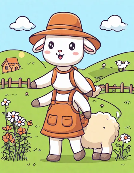 coloring book page of mary and her lamb in a scenic field with flowers, a stream, and a village background in color