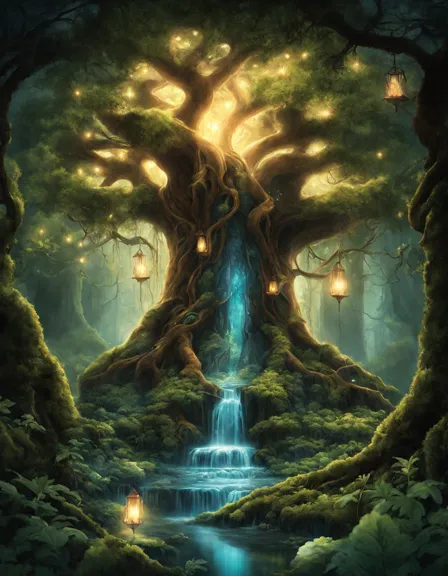 Coloring book image of mystical scene in the sorcerer's hidden grove with ancient trees, magical creatures, glowing fungi, and an ancient tome in color