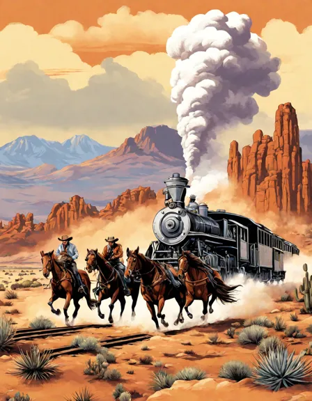 cowboys and cowgirls on horseback during a wild west train heist in a detailed coloring page in color