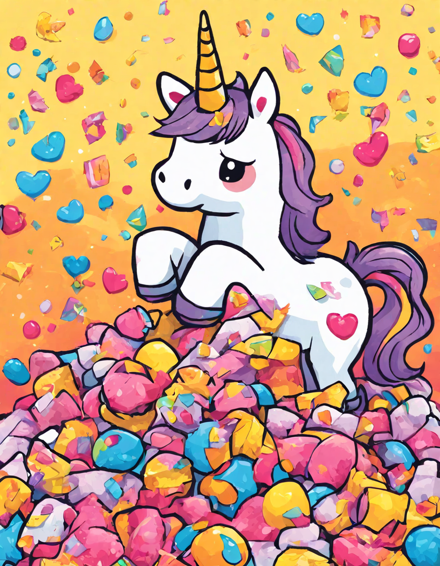 Coloring book image of children surrounding a bright unicorn pinata at a birthday party, anticipating candy in color