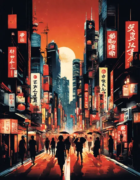 bustling tokyo streets at night in a coloring book design with neon lights, skyscrapers, crowded crossings, and traditional lanterns in color
