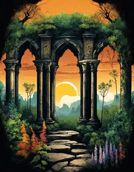 Coloring book image of illustration of the lost kingdom ruins at sunset, with ancient pillars and overgrown flora in color