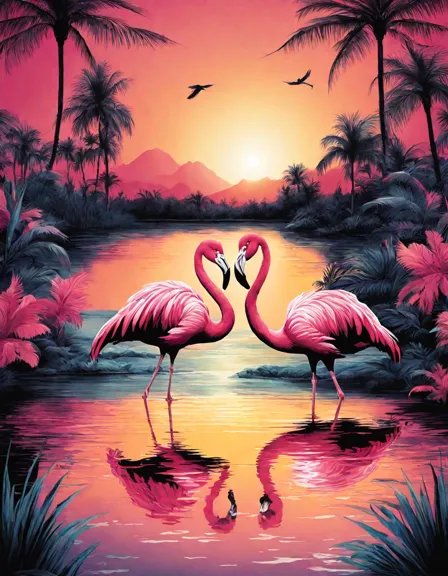 coloring book image of flamingos dancing by a lake at sunset surrounded by lush plants in color