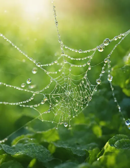 Coloring book image of dew-covered spider webs at dawn in tranquil gardens with glistening threads among foliage in color