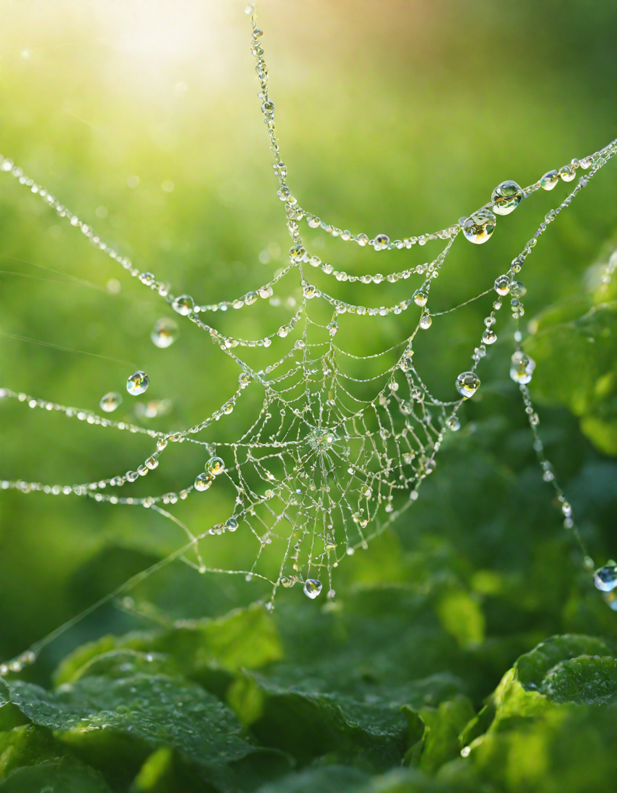 Coloring book image of dew-covered spider webs at dawn in tranquil gardens with glistening threads among foliage in color