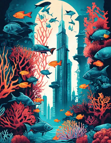 urban reef coloring book page of vibrant coral skyscrapers and darting fish in an underwater city in color
