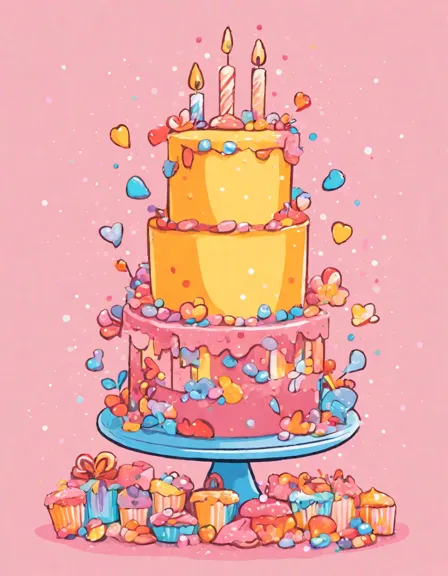 coloring page of a towering birthday cake surrounded by cupcakes and candy jars in color