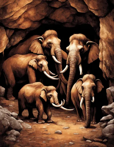 Coloring book image of prehistoric cave scene with woolly mammoths sheltering from the cold, featuring lifelike colors and detailed textures in color