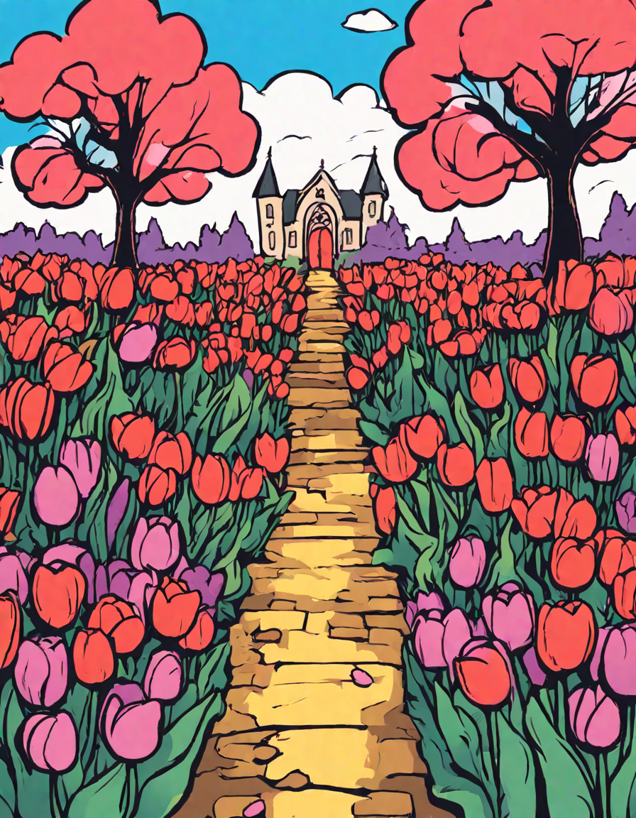Coloring book image of colorful tulip maze with a serene water fountain at the center, showcasing nature's vibrant palette in color