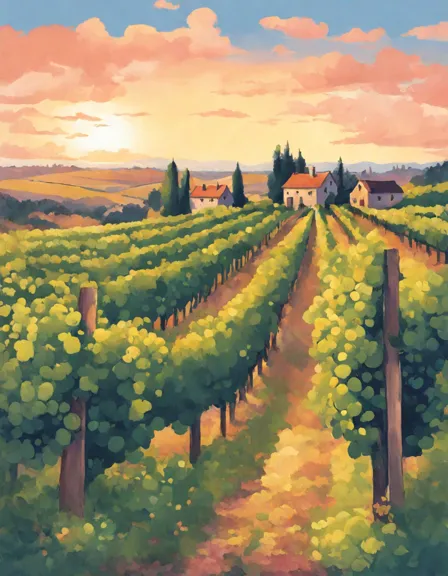 enchanting countryside coloring page with rows of vineyards under a pastel sky, inviting creativity in color