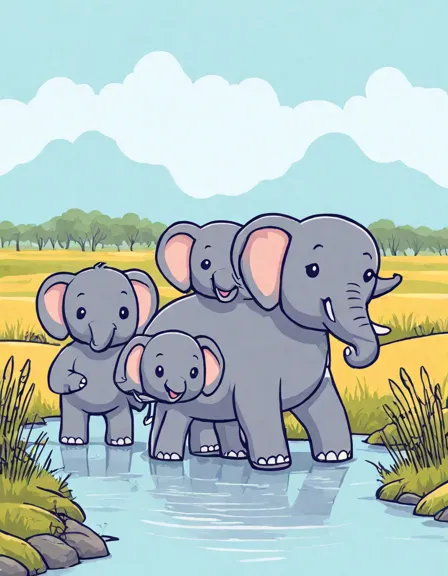 coloring book image of an elephant family crossing a river in the african savannah in color