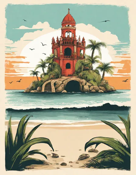 Coloring book image of grand sandcastle on white sandy beach with towers, seashells, and seaweed flags, moat with driftwood plank, palm trees in background in color