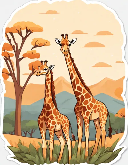 coloring book page of a giraffe family reaching for leaves in the savannah with mountains in color
