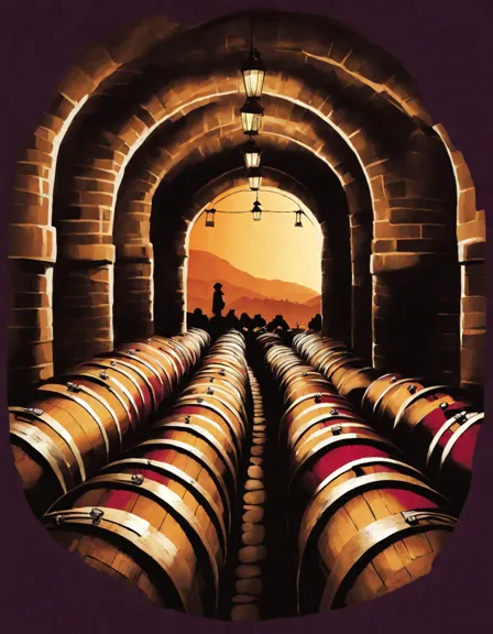 Coloring book image of wine cellar scene with barrels, wine expert guiding sensory journey in color