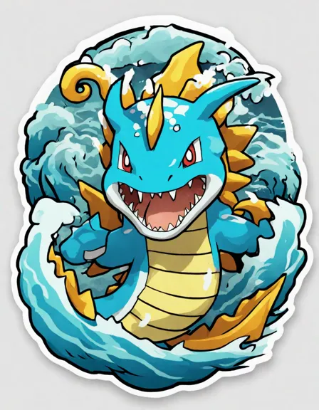 Coloring book image of mighty gyarados rampages through the depths of the ocean, its colossal body coils and twists, sharp teeth bared in color