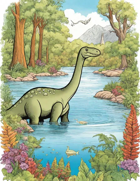 coloring book page featuring a brontosaurus by a lake with pterodactyls flying above in color