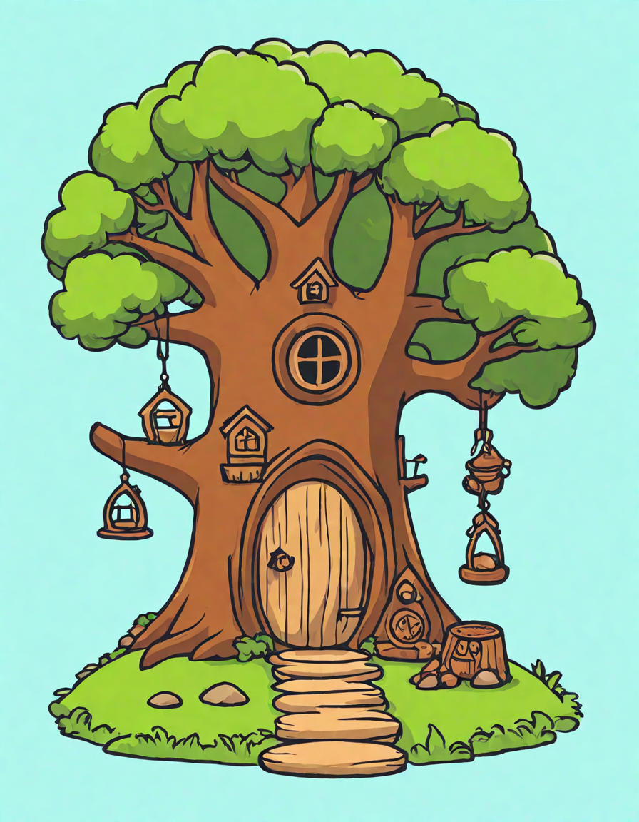 coloring book page featuring hidden elf villages among ancient oaks and intricate homes in color