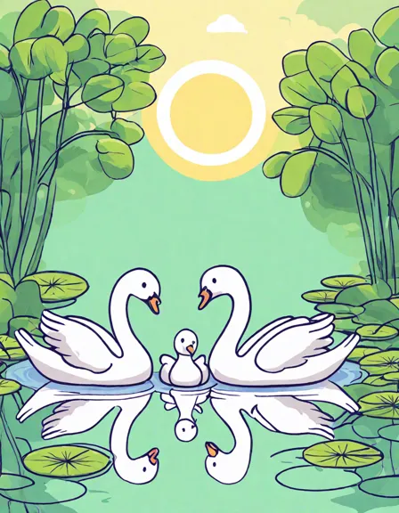 Coloring book image of swan family gracefully gliding on a lake at sunrise, with lush greenery and water lilies in the background in color