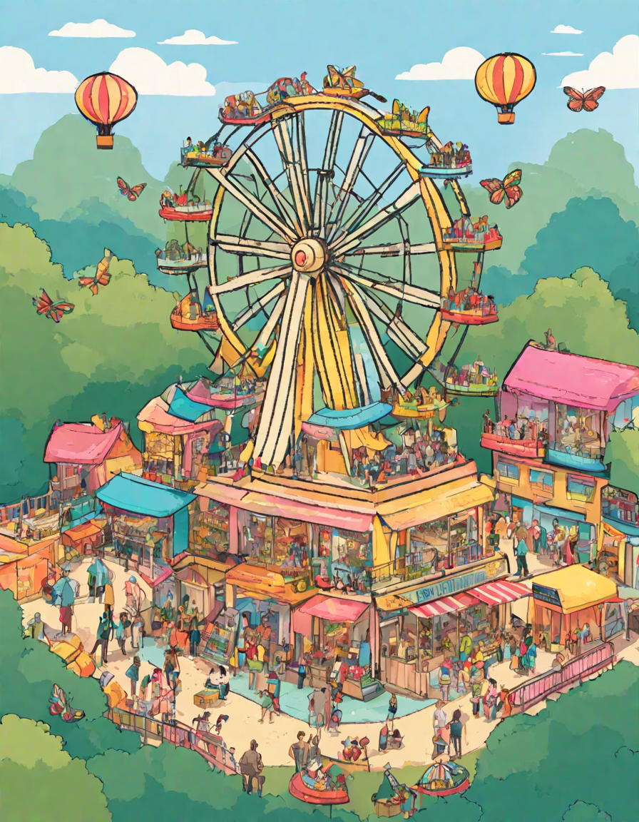 Coloring book image of dragonflies frolic at whimsical amusement park with ferris wheel, merry-go-round, and roller coasters in color