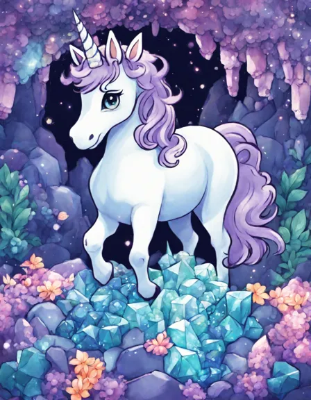 coloring book page of crystal caves in unicorn kingdom with colorful crystals, unicorns, and magical creatures in color