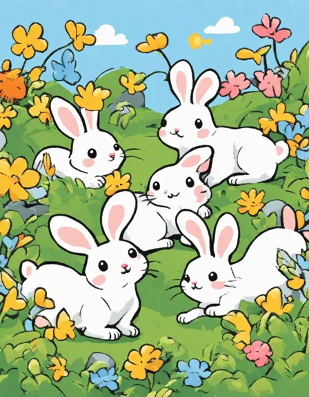 adorable rabbits hop through a lush garden filled with flowers and green grass in this charming coloring page in color